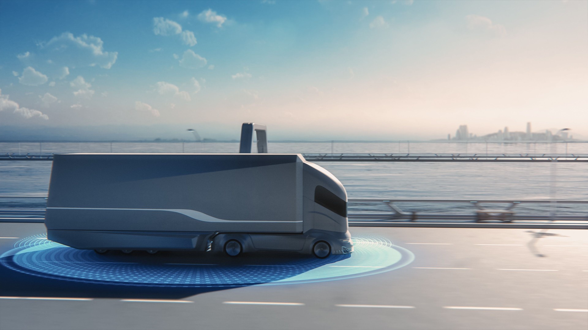 Futuristic Technology Concept: Autonomous Self-Driving Lorry Truck with Cargo Trailer Drives on the Road with Scanning Sensors. Special Effects of a Zero-Emissions Electric Vehicle Analyzing Freeway.